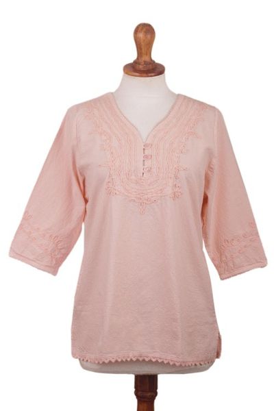 Alternate image for Pale Melon Orange Embroidered Cotton Tunic Top from Peru Sunset in Lima