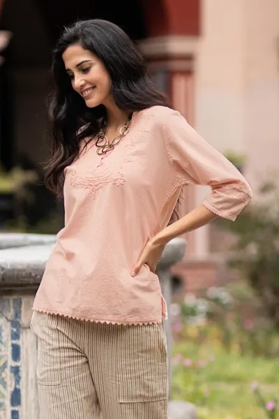 Alternate image for Pale Melon Orange Embroidered Cotton Tunic Top from Peru Sunset in Lima
