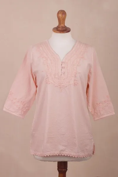 Alternate image for Pale Melon Orange Embroidered Cotton Tunic Top from Peru Sunset in Lima