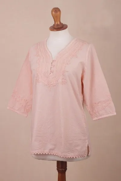 Alternate image for Pale Melon Orange Embroidered Cotton Tunic Top from Peru Sunset in Lima