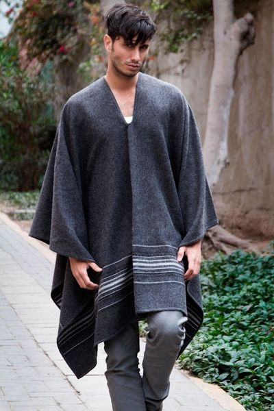Alternate image for Warm Mens Alpaca Blend Poncho with V-neck from Peru Gray Nazca