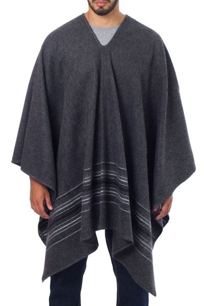 Alternate image for Warm Mens Alpaca Blend Poncho with V-neck from Peru Gray Nazca