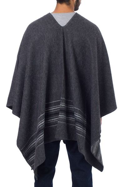 Alternate image for Warm Mens Alpaca Blend Poncho with V-neck from Peru Gray Nazca