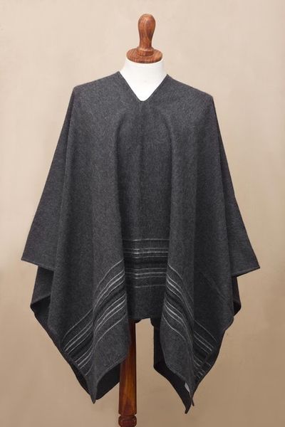 Alternate image for Warm Mens Alpaca Blend Poncho with V-neck from Peru Gray Nazca