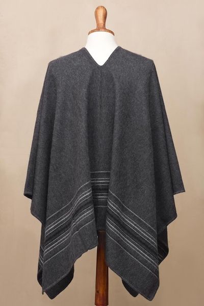 Alternate image for Warm Mens Alpaca Blend Poncho with V-neck from Peru Gray Nazca
