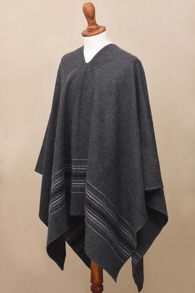 Alternate image for Warm Mens Alpaca Blend Poncho with V-neck from Peru Gray Nazca