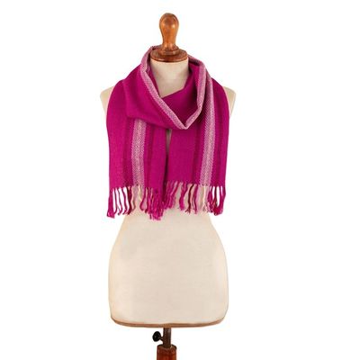 Alternate image for Striped Fringed Fuchsia Scarf Hand-Woven from 100 Alpaca Freesia