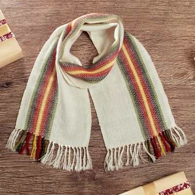 Alternate image for Hand-Woven 100 Alpaca Scarf in Ivory with Colorful Stripes Andean Glamor