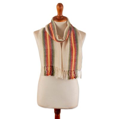 Alternate image for Hand-Woven 100 Alpaca Scarf in Ivory with Colorful Stripes Andean Glamor