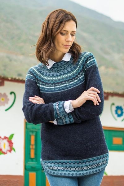 Main image for Navy Blue 100 Alpaca Pullover Patterned Peruvian Sweater Playful Navy Blue