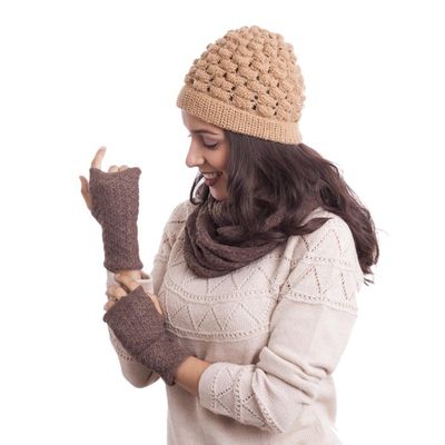 Alternate image for Patterned 100 Baby Alpaca Fingerless Mitts in Chestnut Passionate Pattern in Chestnut
