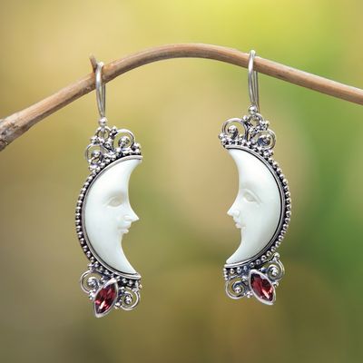 Alternate image for Garnet and Silver Crescent Moon Dangle Earrings from Bali Natural Moonlight