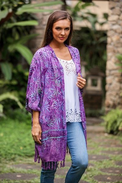 Alternate image for Leaf Motif Batik Rayon Kimono Jacket in Wisteria from Bali Denpasar Lady in Wisteria