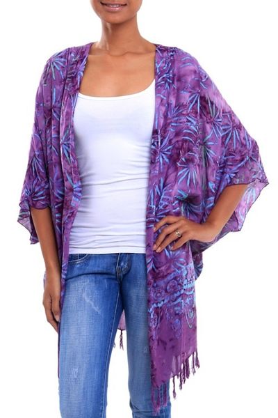Alternate image for Leaf Motif Batik Rayon Kimono Jacket in Wisteria from Bali Denpasar Lady in Wisteria