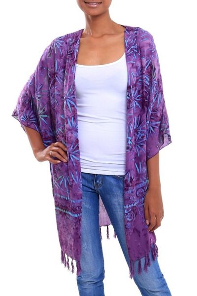 Alternate image for Leaf Motif Batik Rayon Kimono Jacket in Wisteria from Bali Denpasar Lady in Wisteria