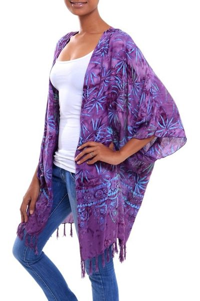 Alternate image for Leaf Motif Batik Rayon Kimono Jacket in Wisteria from Bali Denpasar Lady in Wisteria