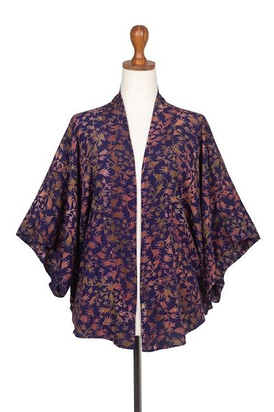 Alternate image for Batik Kimono Jacket in Blue Purple Brown with Leaf Motifs Kintamani