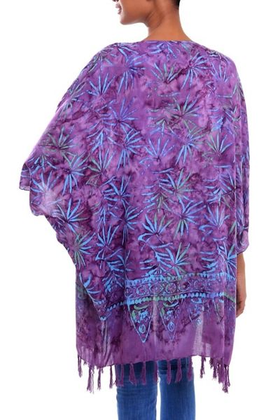 Alternate image for Leaf Motif Batik Rayon Kimono Jacket in Wisteria from Bali Denpasar Lady in Wisteria