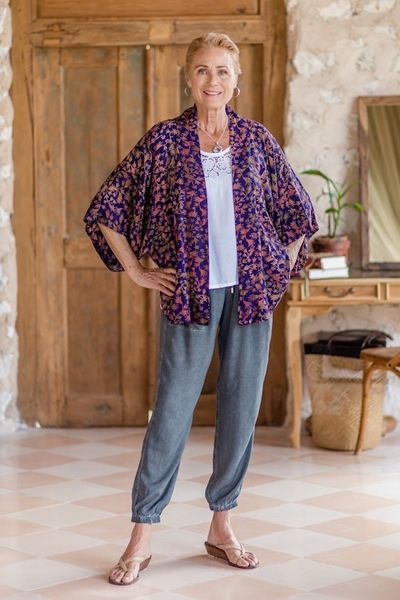 Alternate image for Batik Kimono Jacket in Blue Purple Brown with Leaf Motifs Kintamani