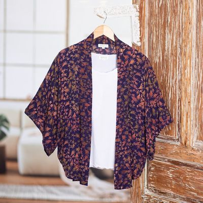 Alternate image for Batik Kimono Jacket in Blue Purple Brown with Leaf Motifs Kintamani
