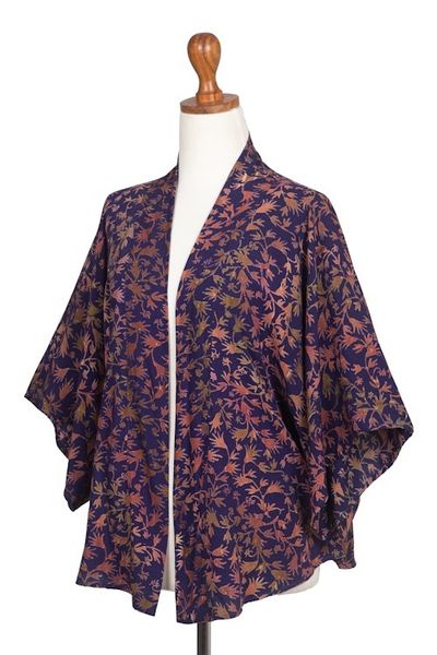 Alternate image for Batik Kimono Jacket in Blue Purple Brown with Leaf Motifs Kintamani