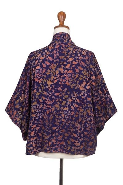 Alternate image for Batik Kimono Jacket in Blue Purple Brown with Leaf Motifs Kintamani