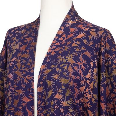 Alternate image for Batik Kimono Jacket in Blue Purple Brown with Leaf Motifs Kintamani