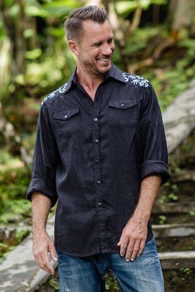 Alternate image for Mens Linen Shirt with Handmade Floral Embroidered Details Coal Garden