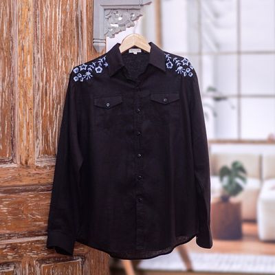 Alternate image for Mens Linen Shirt with Handmade Floral Embroidered Details Coal Garden