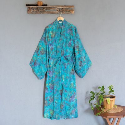 Alternate image for Turquoise Batik Long Sleeved Rayon Robe with Belt Ocean Eden