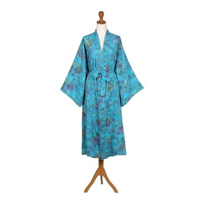 Alternate image for Turquoise Batik Long Sleeved Rayon Robe with Belt Ocean Eden