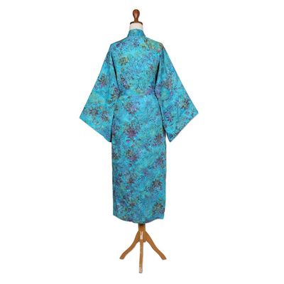 Alternate image for Turquoise Batik Long Sleeved Rayon Robe with Belt Ocean Eden