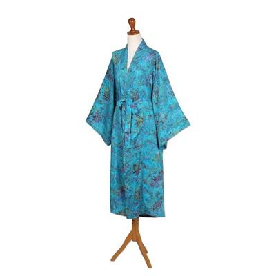 Alternate image for Turquoise Batik Long Sleeved Rayon Robe with Belt Ocean Eden