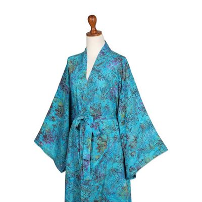 Alternate image for Turquoise Batik Long Sleeved Rayon Robe with Belt Ocean Eden