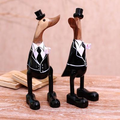 Alternate image for Bamboo Root and Wood Male Duck Wedding Sculptures Pair Gentlemens Love
