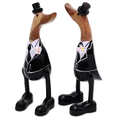 Alternate image for Bamboo Root and Wood Male Duck Wedding Sculptures Pair Gentlemens Love