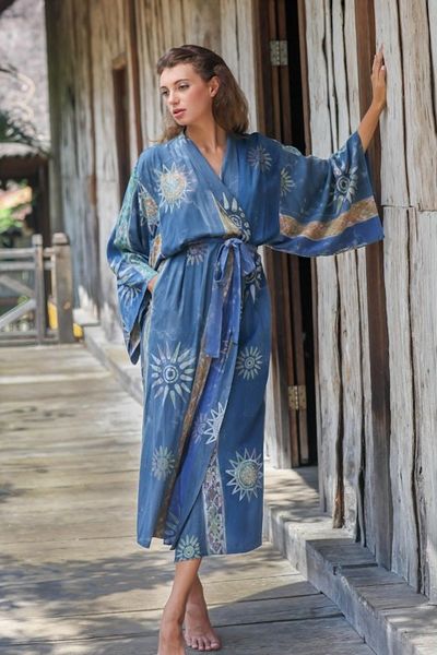 Alternate image for Womens Handcrafted Batik Robe Midnight in Blue