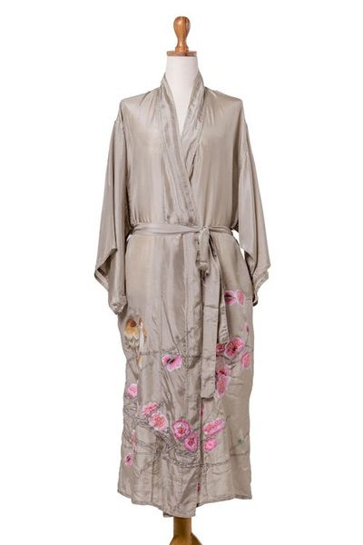 Alternate image for Hand-Painted Silk Robe with Floral Motif Sakura Blossoms