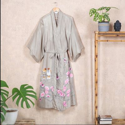Alternate image for Hand-Painted Silk Robe with Floral Motif Sakura Blossoms