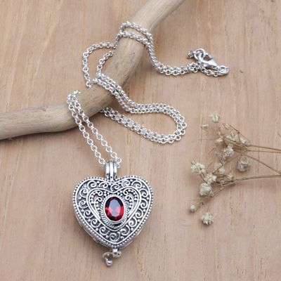 Alternate image for Garnet and Sterling Silver Heart Shaped Locket Necklace Always in my Heart