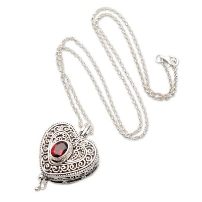 Alternate image for Garnet and Sterling Silver Heart Shaped Locket Necklace Always in my Heart