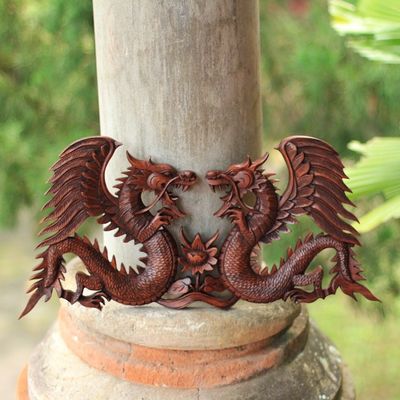 Alternate image for Handmade Wood Relief Panel from Indonesia Winged Dragons
