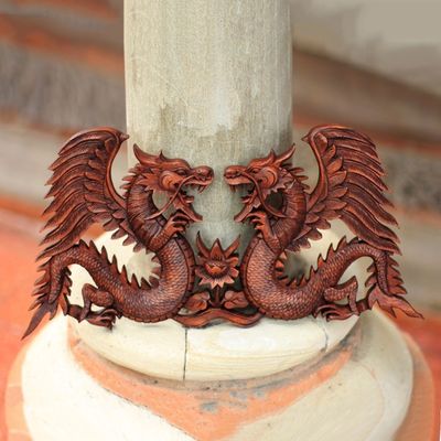 Alternate image for Handmade Wood Relief Panel from Indonesia Winged Dragons