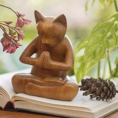 Alternate image for Carved Suar Wood Sculpture Mindful Cat