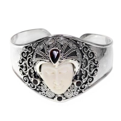 Alternate image for Artisan Crafted Carved Bone and Silver Cuff with Garnets Jungle Princess