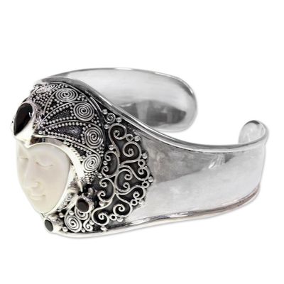 Alternate image for Artisan Crafted Carved Bone and Silver Cuff with Garnets Jungle Princess
