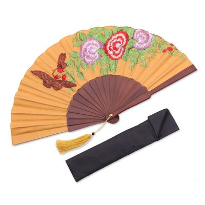 Alternate image for Butterfly-Themed Embroidered Silk Hand Fan from Bali Perching Butterfly