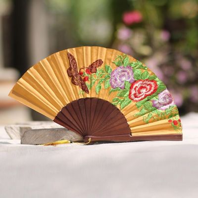 Alternate image for Butterfly-Themed Embroidered Silk Hand Fan from Bali Perching Butterfly