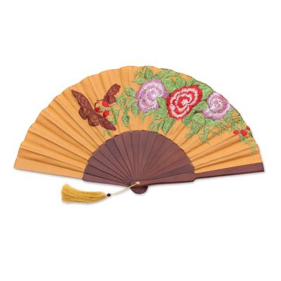 Alternate image for Butterfly-Themed Embroidered Silk Hand Fan from Bali Perching Butterfly