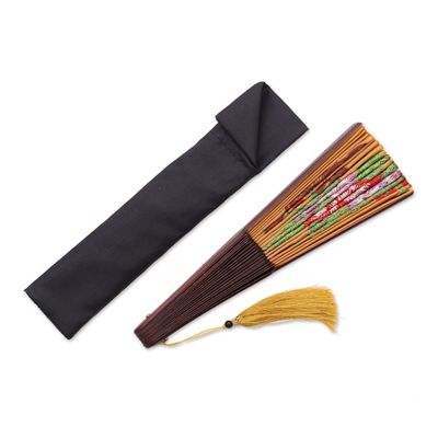 Alternate image for Butterfly-Themed Embroidered Silk Hand Fan from Bali Perching Butterfly